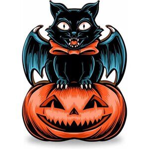 Halloween Buffet Sign, Wooden Sign With Metal Support - Retro Bat & Pumpkin